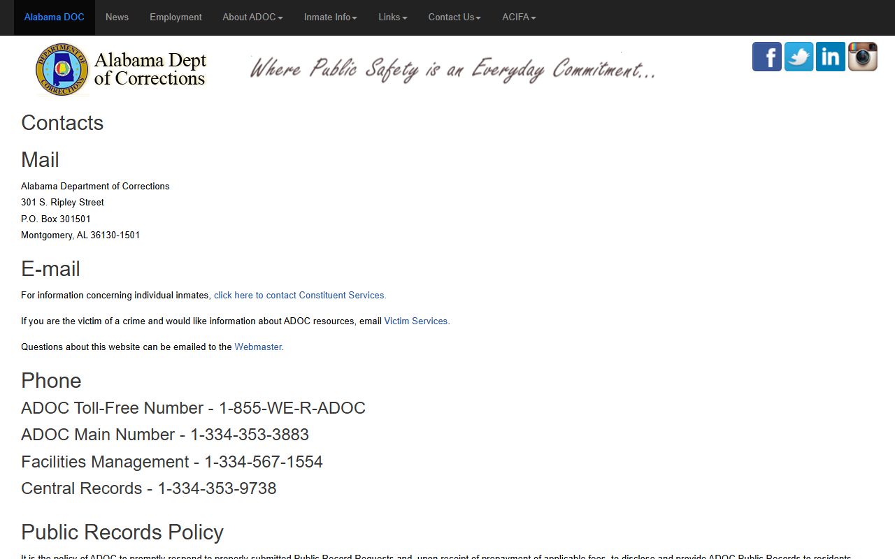 Crenshaw County inmate population ADOC public records request policy page