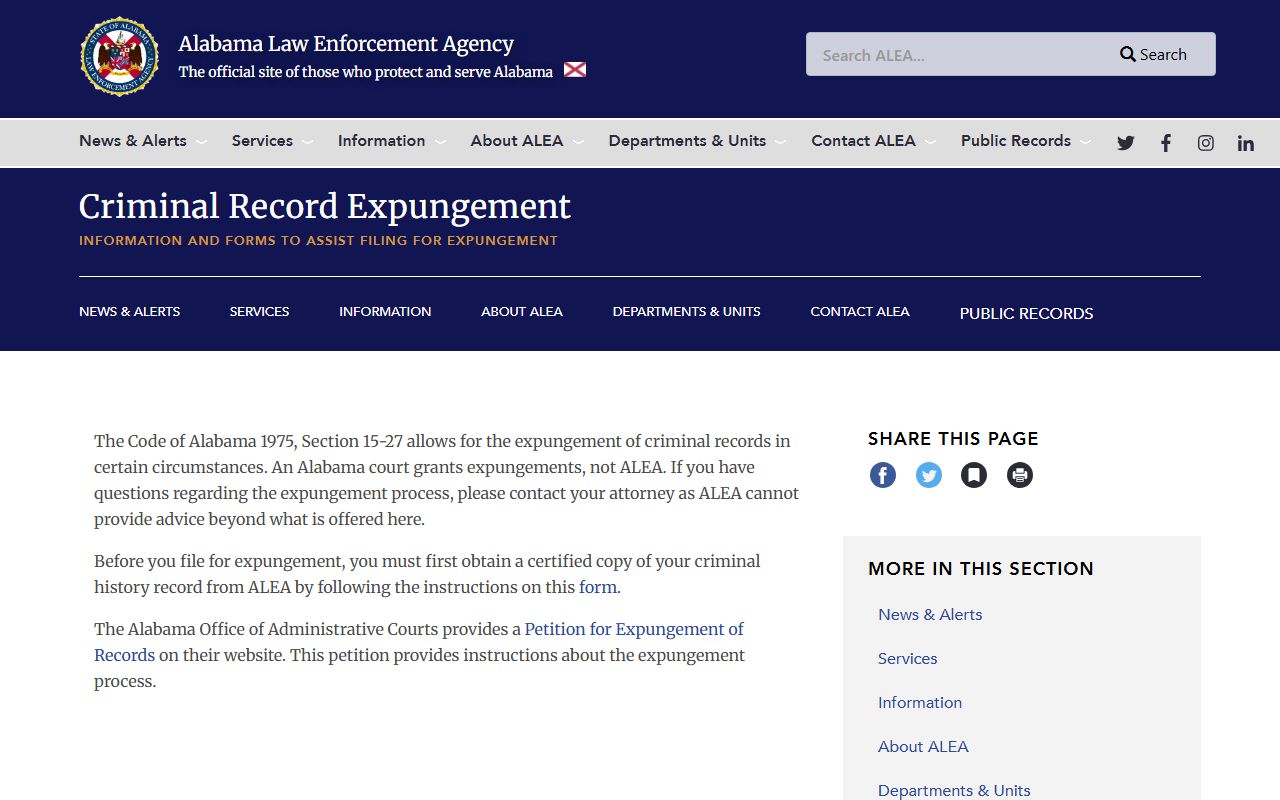 Crenshaw County booking photo expungement information through ALEA