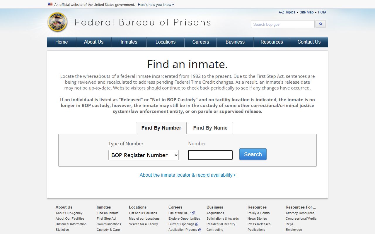 Crenshaw County inmate population federal BOP inmate locator search page